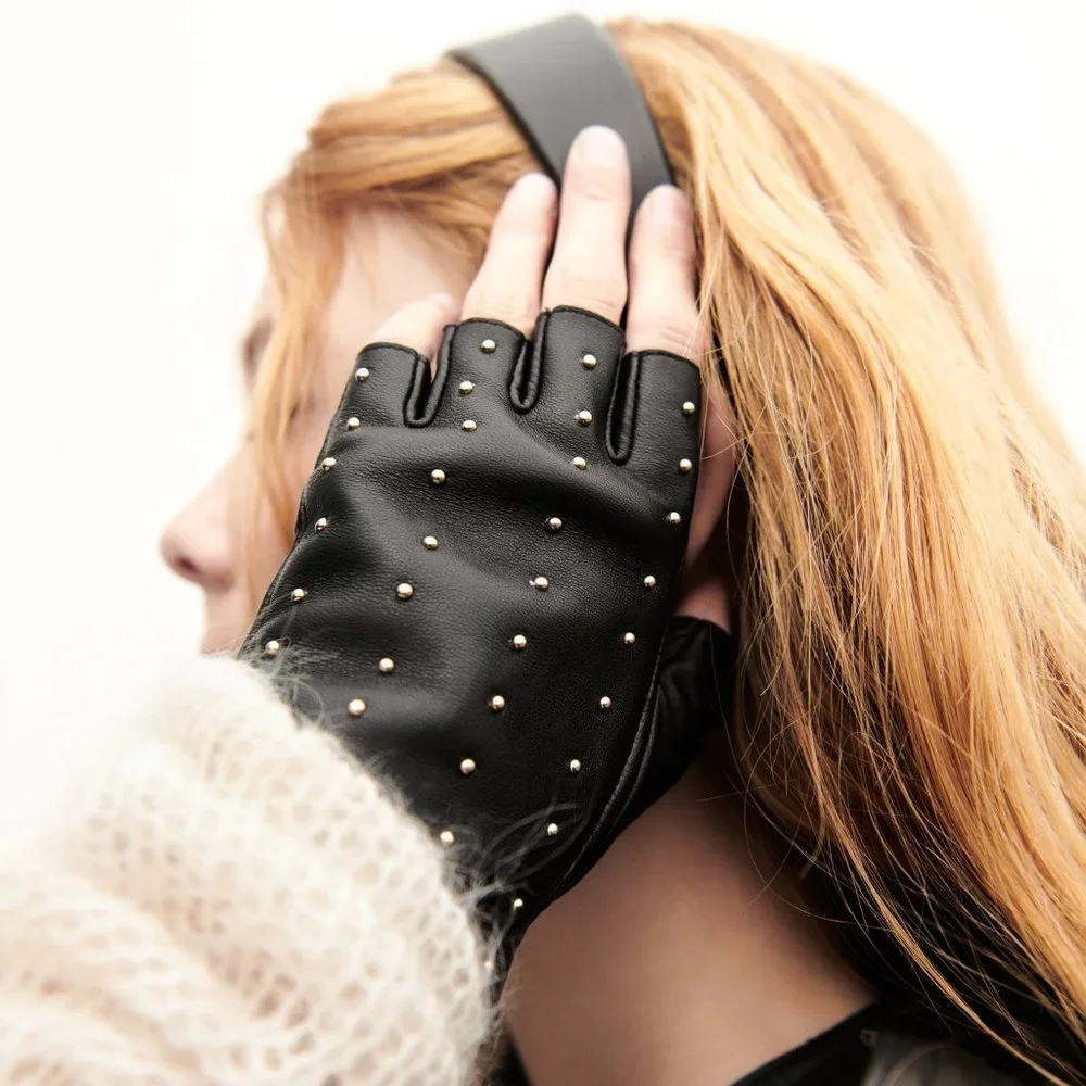 NWT ZARA STUDDED BLACK LEATHER FINGERLESS GLAM ROCK GLOVES